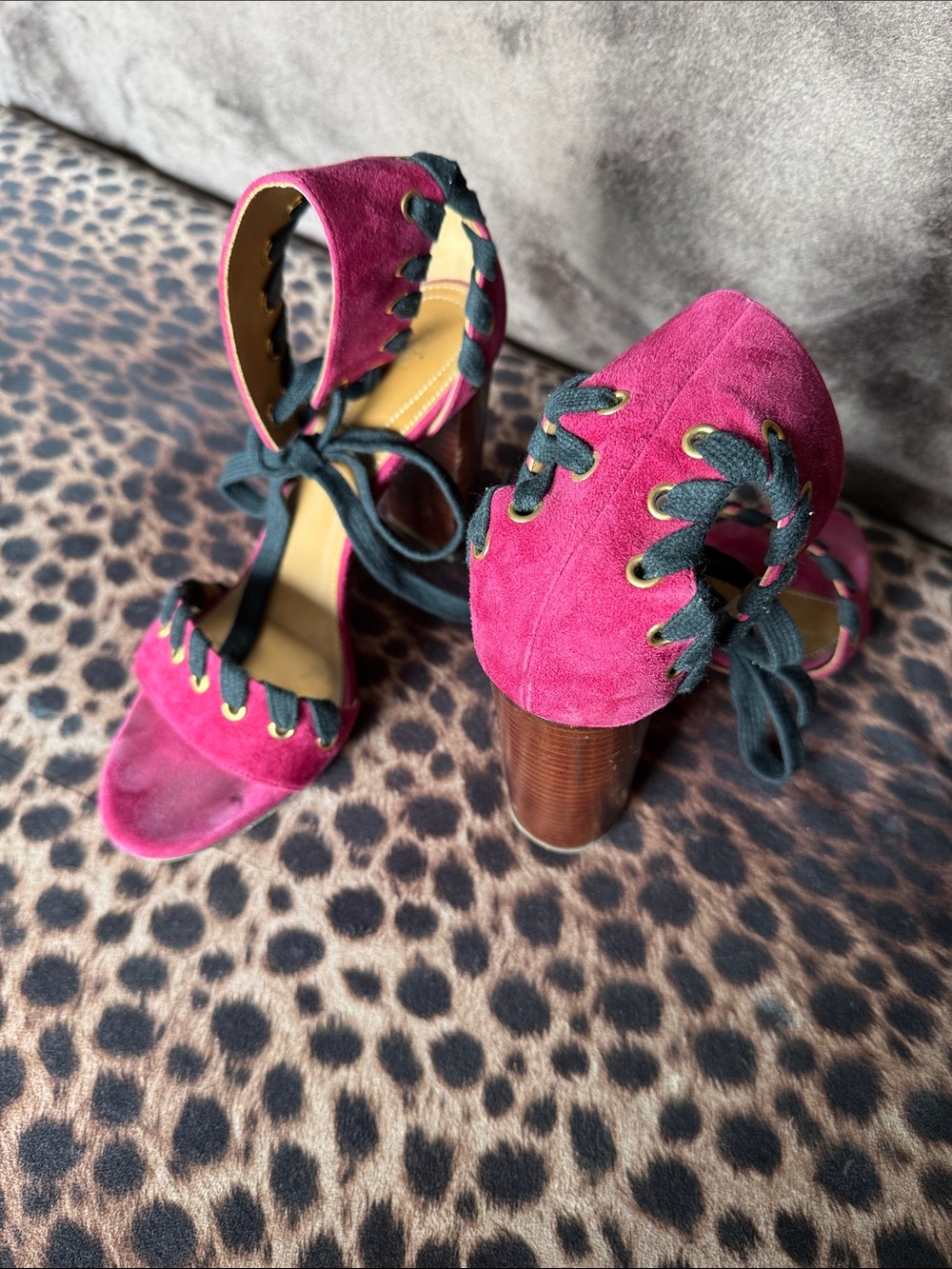 Chloe Magenta Suede Lace-Up Block Heel Sandals